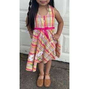 (B5) Blueberi Boulevard Girls Plaid Daisy Halter Dress Orange Pink Yellow 12